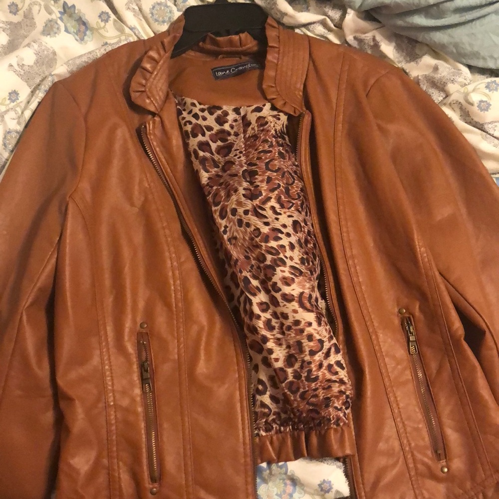 Brown jacket with cheetah print on the inside